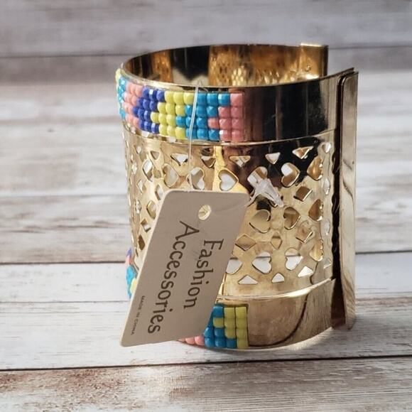 Large Statement Bracelet Cuff - Chunky Gold Tone with Beaded Multi Color Detail - Picture 2 of 4
